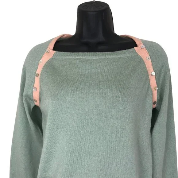 Paul & Joe Light Weight 100% Wool Boat Neck Sweater Green & Peach Size 2 - Picture 3 of 7